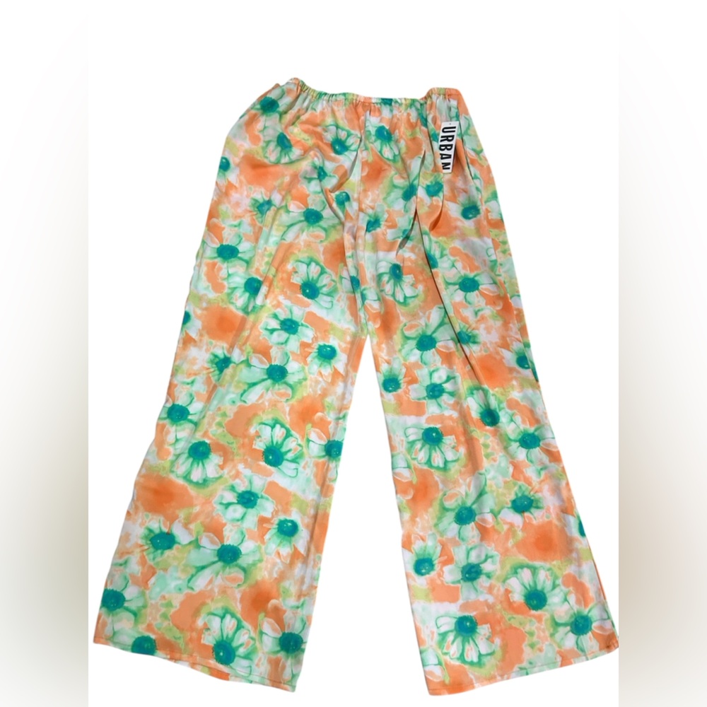 Urban Outfitters dopamine Jenna floral satin wide leg pull-on pants orange green - Picture 3 of 5